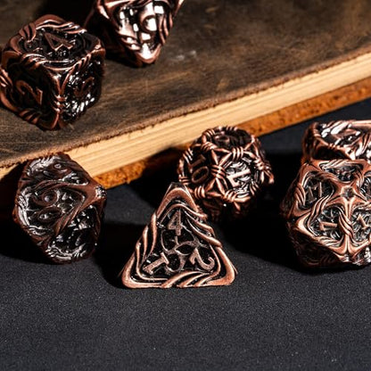 7-Die Metal DND Dice Set Role Playing Dice for RPG Table Games | Vine Design PU Leather Pouch for Dungeons and Dragons - color: Vine-ancient Copper
