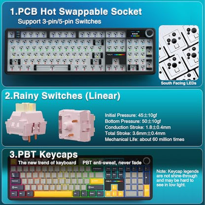 AULA F108 PRO - Wireless Mechanical Keyboard with Screen&Knob,Hot Swappable Gaming Keyboard with 8000mAh Battery,Pre-lubed Switches,RGB Backlit,PBT Keycaps Creamy Sounding Computer Keyboards,104 Keys - color: Gray&Yellow