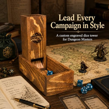 Personalized Wooden Dice Tower with Tray – Custom Engraved DND Dice Tower, Handcrafted Oak & Walnut RPG Accessory, Dungeon Master Gift, Tabletop Gaming Dice Roller
