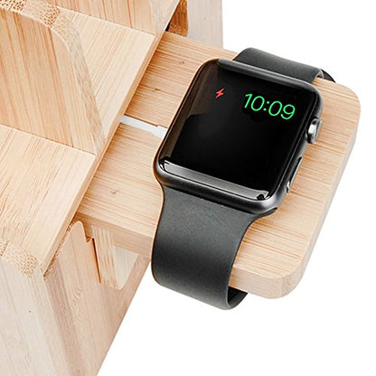 MobileVision Slim Bamboo Charging Station & Compatible Adapter for Apple Watch Multi Device Organizer, Smartphones, Tablets, Laptops & More - color: Slim Stand + Apple Watch Adapter