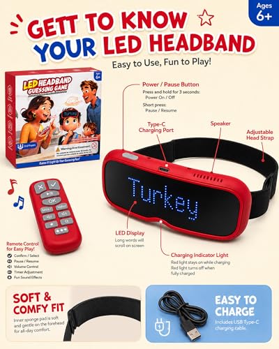LED Headband Guessing Game for Kids Ages 6-12, 885 Vocabulary Words, 3 Difficulty Levels, Family Board Game, Classroom Learning Activity, Screen-Free Party Game, Educational Gift for Boys & Girls.