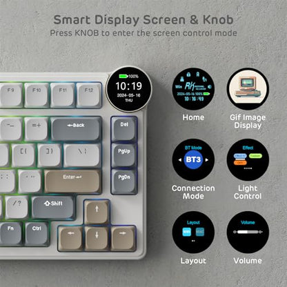 RK ROYAL KLUDGE N80 Low Profile Mechanical Keyboard w/Smart Display Screen & Knob, 75% Top Mount 3-Modes Wireless Mechanical Keyboard, Software Support, Massive Battery, 80 Keys, Quiet Red Switch - color: Sandy Grey, size: Low profile Red Switch