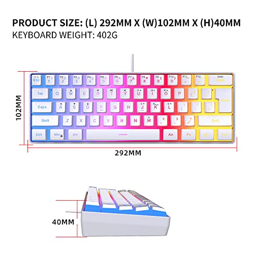 DGG 60% Wired Gaming Keyboard, Pudding Keycaps with Translucent Layer, RGB Backlit Ultra-Compact Small Keyboard, Waterproof Mini Compact 61 Keys Keyboard for PC/Mac Gamer, Typist, Travel, White - color: White