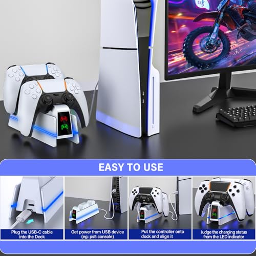 PS5-Controller-Charger-Station - Charging Station for PlayStation 5 Dualsense/Edge Controller with 9 Color Led Light, Fast Charging Dock & Holder Stand for PS5/Slim/Pro Remote - Whole White - color: Whole White P38