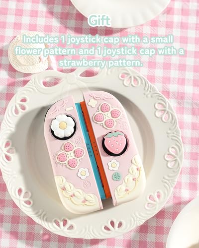 GeekShare Strawberries with Cream Case Compatible with Switch 2, Slim Separable Soft Silicone Protective Shell with 2 Thumb Grip Caps -- Pink - color: Pink Strawberries, size: For Switch 2