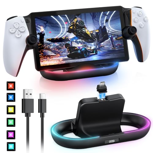 FASTSNAIL Charging Stand for PS Portal Remote, Friendly for Hard/Soft Cover | Charging Dock Station for TPU/EVA/Silicone Case When Charging, Magnetic Connector, Charger Cable, 14 RGB Modes for PS5 Portal - color: Black