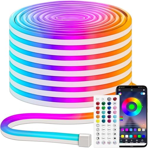 iNextStation RGB Neon LED Strip Lights 16.4FT 12V Flexible LED Rope Lights | IP65 Waterproof Color Changing Neon LED Lights Strip Multiple Modes Control with APP & Remote, Silicone LED Strip for Bedroom