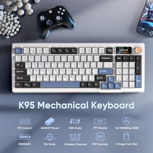 RedThunder K95 Wireless Mechanical Keyboard, TFT Screen & Knob, Tri-Mode BT5.0/2.4GHz/USB-C Hot Swappable Custom, Pre-lubed Linear Switches, Gasket Structure, RGB Gaming Keyboard, Snowy White-Blue - color: Snowy White-Blue