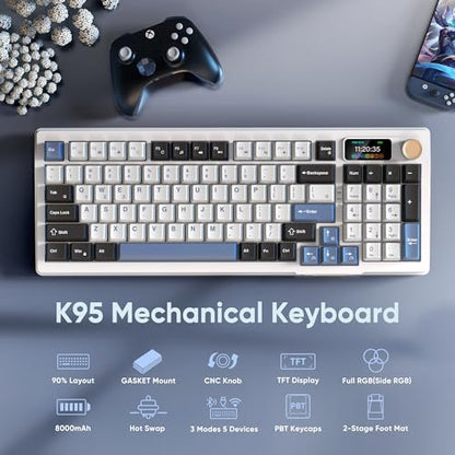 RedThunder K95 Wireless Mechanical Keyboard, TFT Screen & Knob, Tri-Mode BT5.0/2.4GHz/USB-C Hot Swappable Custom, Pre-lubed Linear Switches, Gasket Structure, RGB Gaming Keyboard, Snowy White-Blue - color: Snowy White-Blue