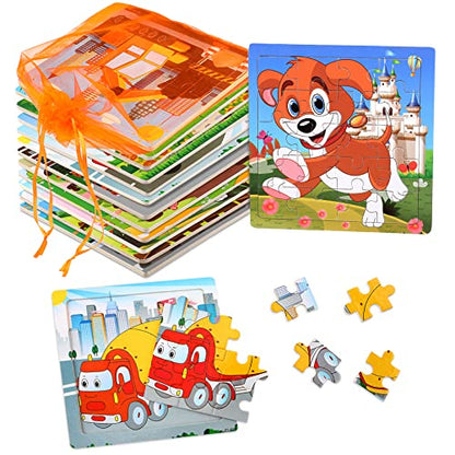 SANNIX 12 Pack Wooden Jigsaw Puzzles for Toddlers 3-5 Years Old | Party Favors Animals Jigsaw for Kids, Transportation Educational Puzzles, Travel Toy with 12 Organize Bags - style: Vehicles + Animals