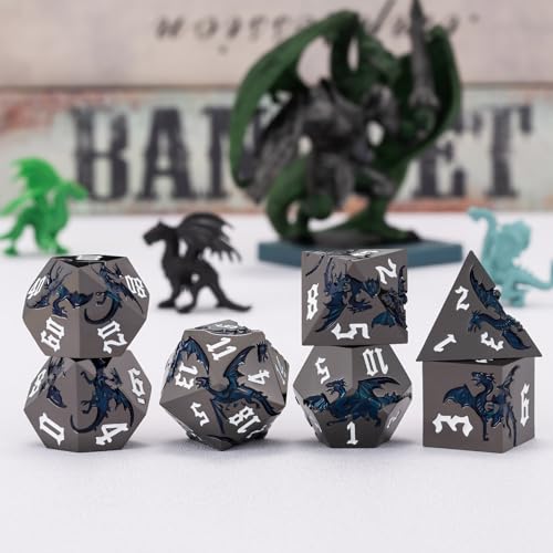 Dungeons and Dragons Dice D&D Metallic Dragon Sharp Edged Dice Set with Box, Polyhedral DND Role Playing Game D and D Dice Set D20 D12 D10 D8 D6 D4 - color: Dragon-black Nickel Sparkle Blue