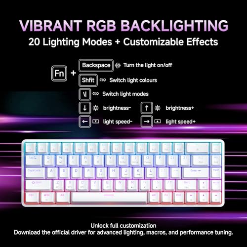 DIERYA DK68 60% Wireless Mechanical Gaming Keyboard, 3-Mode, Bluetooth 5.0/2.4G/USB-C, RGB Backlit, 68-Key Compact Mini for Windows, Mac, Linux - Clicky Blue Switch - White - color: White/Blue Switch, size: Wireless