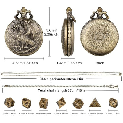 Mini DND Dice Set with Steampunk Dragon Pocket Watch Case, Tiny 7-Piece Polyhedral Metal D&D Dice, DND Gifts with Gift Box for DND Lovers, Role Playing Game Board Game Accessories Dice, Bronze - color: Bronze