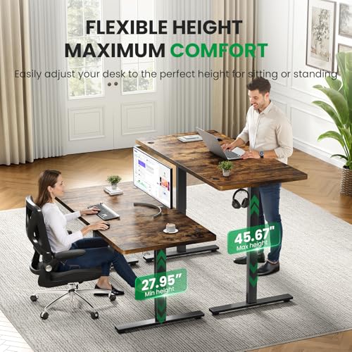 Brown 60x28 in Electric Standing Desk, 1 Inch Thick Tabletop | Double Beam Frame, Holds 220lbs, Sit Stand, 3 Memory Height Adjustment, Extra Deep Table Top, Black Frame - color: Rustic Brown Top / Black Frame, size: 60 x 28 Inch