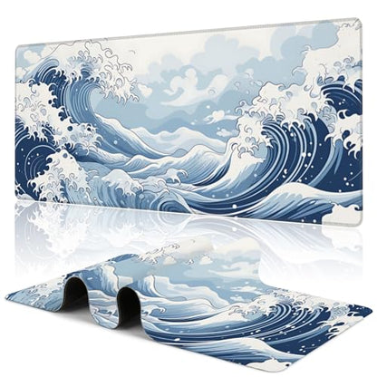 Mountain Gaming Mouse Pad,Japanese Blue and White Sea Wave Desk Mat,31.5""X15.7"" Large Desk Pad with Stitched Edge Non-Slip Base Keyboard Big Mouse Pad for Office Home Work Gaming, WDQ-D05 - color: Japanese Sea Wave
