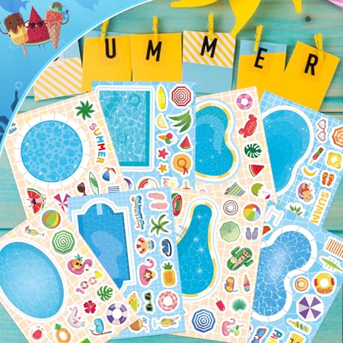Summer Stickers, Make a Pool Sticker, Make Your Own Stickers for Kids | 24 Sheets Pool Stickers, Mix & Match Craft Kit for Summer Party Favors & Activities - style: Pool