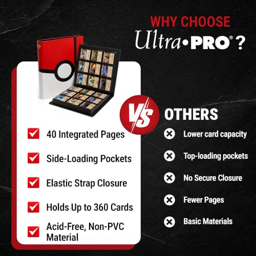 Ultra Pro Pokemon Card Binder 9 Pocket Full-View with Poke Ball Design – Trading Card Binder Holds 360 Cards Side Loading – Organizer for TCG Collectors with Elastic Strap for Sleeved Cards