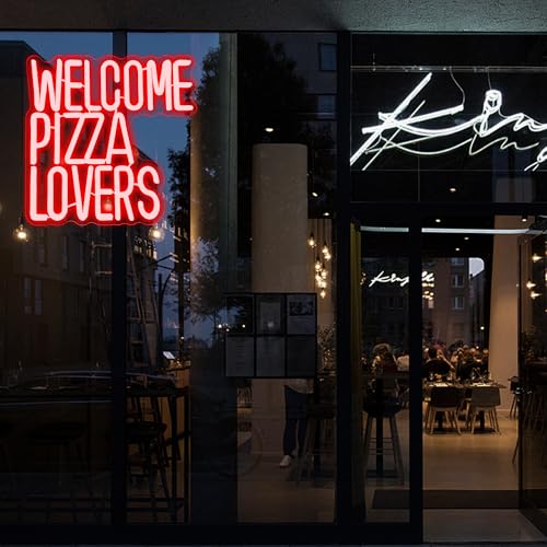 Welcome Pizza Lovers Neon Light, Red Dimmable LED Personalized Pizza Lovers Neon Sign, Family Restaurant Entertainment Room Food Theme Party Wall Neon Sign Decor Holiday Gift For Pizza Lovers, Children, Family (12.9*12.5in) - style: Pizza Lovers Red