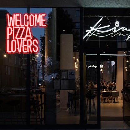 Welcome Pizza Lovers Neon Light, Red Dimmable LED Personalized Pizza Lovers Neon Sign, Family Restaurant Entertainment Room Food Theme Party Wall Neon Sign Decor Holiday Gift For Pizza Lovers, Children, Family (12.9*12.5in) - style: Pizza Lovers Red