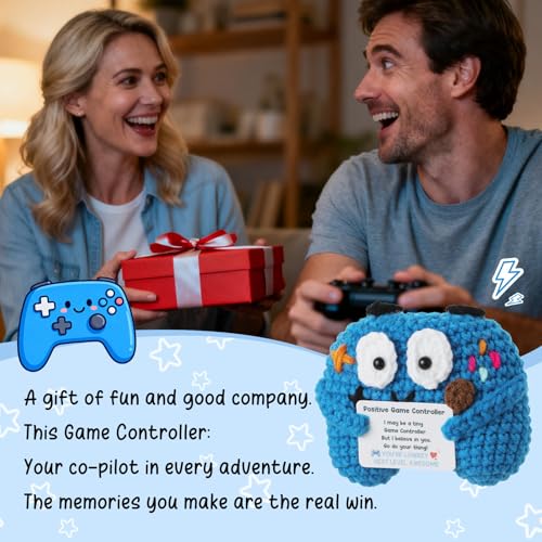 Positive Crochet Controller Gifts for Gamer Boyfriend, Retro Gamer Gifts for Men Teenage Boys, Handmade Gamer Game Controller Doll for Teen Girls Boys Christmas, Emotional Support Crochet Decor
