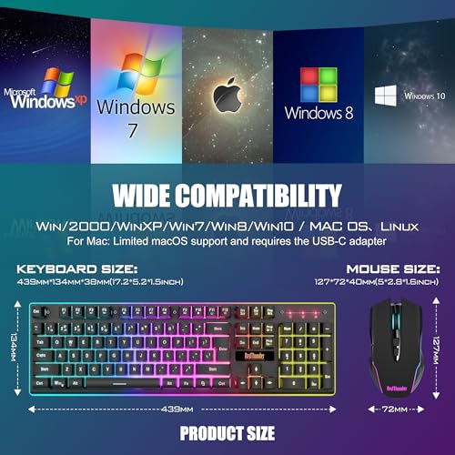 RedThunder K10 Wireless Gaming Keyboard and Mouse Combo, LED Backlit Rechargeable 3800mAh Battery, Mechanical Feel Anti-ghosting Keyboard + 7D 3200DPI Mice for PC Gamer (Black) - color: Black