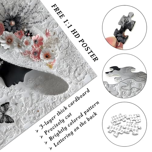 Impossible Puzzles for Adults 1000 Pieces,PICKFORU Floral Muse Puzzle Elegant Lady,Beauty Flower Woman Puzzle Black and White Pearl,Hard Challenge Jigsaw Puzzles Aesthetic - style: Floral Muse Puzzle