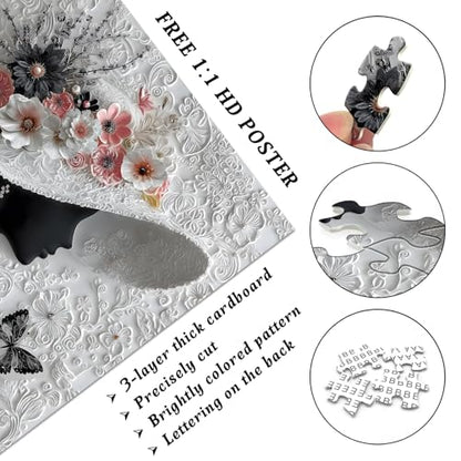Impossible Puzzles for Adults 1000 Pieces,PICKFORU Floral Muse Puzzle Elegant Lady,Beauty Flower Woman Puzzle Black and White Pearl,Hard Challenge Jigsaw Puzzles Aesthetic - style: Floral Muse Puzzle