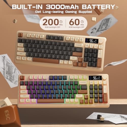 LexonElec M96 Wireless Gaming Keyboard,Knob Control Bluetooth/2.4G Wireless Mechanical Feeling Keyboard,RGB LED Backlit with Display Screen, PBT Keycap, 3000mAh, 94-Key Layout for Win/Mac(Coffee) - color: Coffee