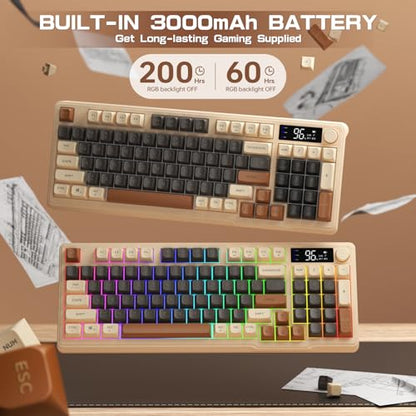 LexonElec M96 Wireless Gaming Keyboard,Knob Control Bluetooth/2.4G Wireless Mechanical Feeling Keyboard,RGB LED Backlit with Display Screen, PBT Keycap, 3000mAh, 94-Key Layout for Win/Mac(Coffee) - color: Coffee