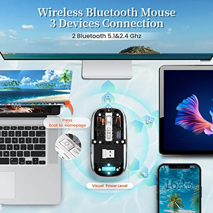 A.JAZZ Wireless Bluetooth5.1&2.4G Mini Lightweight Mouse,Transparent Clear Cool,Rechargeable Silent Computer Mice,Nano USB C Receiver,LED Battery Magic Silm for Office/PC/Mac/Laptop/Apple/ipad(Black) - color: Black