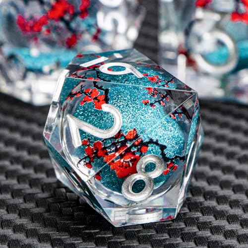 ARUOHHA DND Resin Dice Plum Blossom Liquid Core Dice Silver Blue Sharp Edged Dragons Polyhedral Dice Set with Gift Box, Role Playing Game Dungeons D and D Dice Set D20 D12 D10 D6 D4 - color: Flower&silver Blue