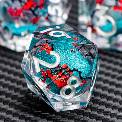 ARUOHHA DND Resin Dice Plum Blossom Liquid Core Dice Silver Blue Sharp Edged Dragons Polyhedral Dice Set with Gift Box, Role Playing Game Dungeons D and D Dice Set D20 D12 D10 D6 D4 - color: Flower&silver Blue