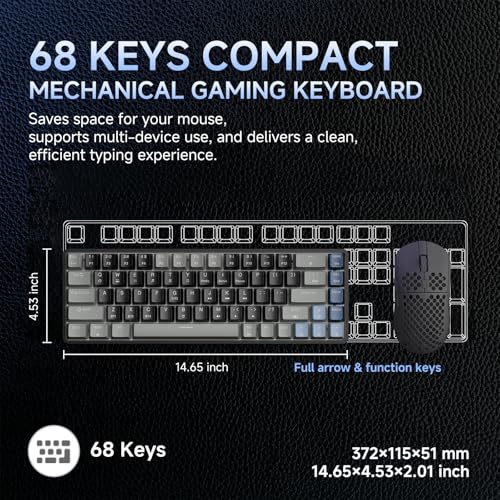 DIERYA DK68 60% Wireless Mechanical Gaming Keyboard, 3-Mode, Bluetooth 5.0/2.4G/USB-C, RGB Backlit, 68-Key Compact Mini for Windows, Mac, Linux - Linear Red Switch - Grey/Black - color: Grey Black/Red Switch