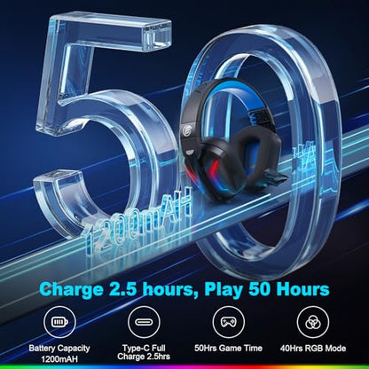 Fachixy Wireless Gaming Headset with Microphone for PC, PS5, PS4, Bluetooth Gaming Headphones - Fast Charge 50Hr Battery, Cool LED Lights for Switch, Laptop, Mobile, Mac 2.4GHz Gamer Headset