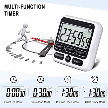 Digital Kitchen Timer with Mute/Loud Alarm Switch ON/Off Switch, 12 Hour Clock & Alarm, Strong Magnet and Simple Operation, Count Up & Count Down for Kids Teachers Cooking, Large LCD Display (Black) - color: Black