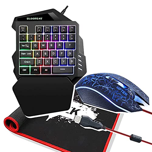 MFTEK One-Handed RGB Gaming Keyboard, USB Wired Letters Glow with Wrist Rest Support Multimedia 35 Keys Mini Gaming Keypad, Backlit Ergonomic Mechanical Feel & 6400 DPI Programmable Mouse Combo Set