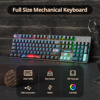 Full Size Mechanical Keyboard, Creamy Keyboard with Number Pad, 104 Keys Wired Gaming Keyboard with Red Switch, RGB Backlit for PC Laptop - color: Monster