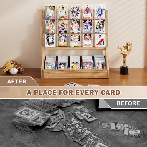 Emfogo Trading Card Display, 3-Tier Card Display Stand with 5-Row Storage, Wooden Graded Card Display, Large Capacity Sports Cards Display Case for Cards Game Collection (Brown) - color: Brown