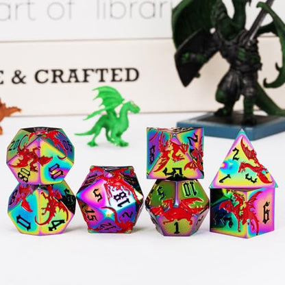 DND Metal Dragon Dice Set with Dragon, Metallic Polyhedral Dice Set for Dungeons and Dragons RPG TTRPG D&D Die with Gift Case (Dragon-Rainbow Red Dragon) - color: Rainbow Red Dragon