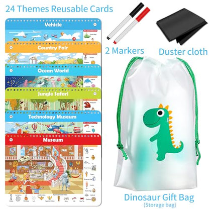 Elfew Search and Find Reusable Activity Book for Kids 3-5 4-8, Travel Games | 24 Unique Themed, Wipe Clean Educational Toys, Car Games Travel Toys for Toddlers, Kids Airplane Road Trip Travel Essentials - color: Search and Find Cards