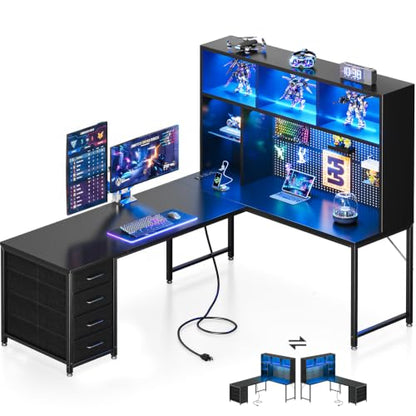 AODK 63" L Shaped Desk for Gaming and Working，Black | PC Desk with Hutch, Pegboard & Shelves, 4 Drawers, Integrated LED Light Strip & Power Outlets, Reversible - size: 63 Inch