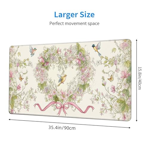 Floral Heart Pattern XXL Mouse Pad, Desk Mat with Non-Slip Base, Pink Keyboard Mat with Stitched Edges 35 x 15.8 inches - color: Floral Bow