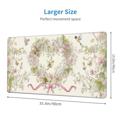 Floral Heart Pattern XXL Mouse Pad, Desk Mat with Non-Slip Base, Pink Keyboard Mat with Stitched Edges 35 x 15.8 inches - color: Floral Bow