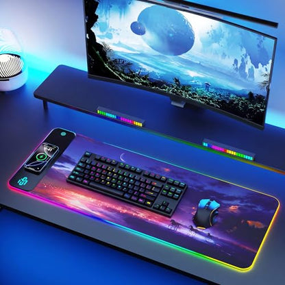 Mouse Pad Gaming Wireless Charging, 800x300x4mm Extended Desk Mat with 10 RGB Light Modes, Non-Slip Rubber Base, Waterproof Computer Keyboard Mat for Gamer, PC, Laptop, Office, Twilight Blue-Purple - color: Twilight Blue-Purple