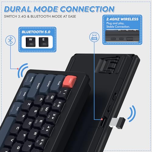 A.JAZZ AKL680 65% Low Profile Wireless Mechanical Keyboard, BT/2.4Ghz Dual Mode 68 Keys Gaming Keyboard with Ultra-Thin Blue Switches for PC/Laptop/Windows/Mac(Blue/Black) - color: Blue/Black/Blue Switch