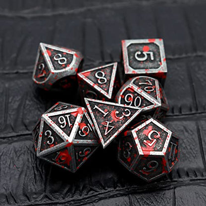 Haxtec Bloodstained Metal DND Dice Set Blood Polyhedral D&D Dice with Leather Dice Bag Compatible with Dungeons and Dragons Gift for DND Lovers TTRPG DM Masters Antique Metal Halloween Dice - color: Iron Red