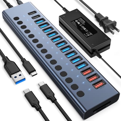 VANGREE Powered USB Hub 10Gbps, 17 Ports USB 3.2 Hub, 96W Power Adapter | 10 USB-A 3.2, 3 QC 24W Fast Charging, 2 USB-C 3.2, SD/TF, 12V/8A Power Adapter for Laptop, PC, Computer, HDD, Flash Drive - color: Gray