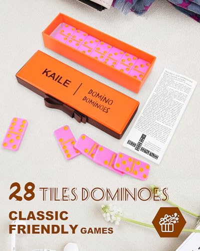 KAILE Pocket Domino Set – Mini Pink Dominoes with Gift Box & Ribbon, Bright Colors, Travel-Friendly Game for Kids & Adults, Idea, Portable Double-Six Set