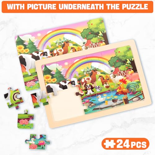 4 Packs 24 PCs Wooden Puzzles for Kids Ages 3-5, Montessori Toddler Jigsaw Puzzles, Preschool Educational Toys Gifts for Children Ages 4-8, Puzzles Boards Toys Gifts Easter Basket Stuffers - style: Animal