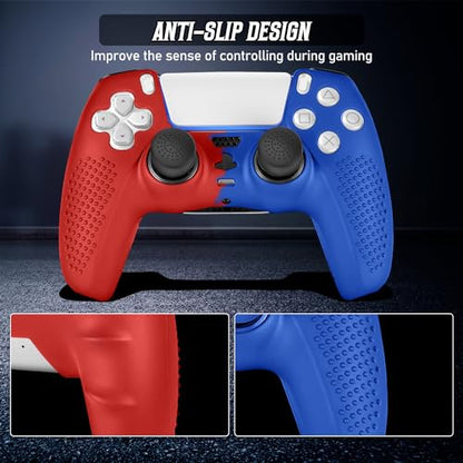 PS5 Controller Skin, Anti-Slip Soft Silicone Protective Cover Case for PlayStation 5 Controller Grip Accessories, 2 Pack with 8 x Thumb Grip Caps (Red Mix Blue) - color: Red Mix Blue